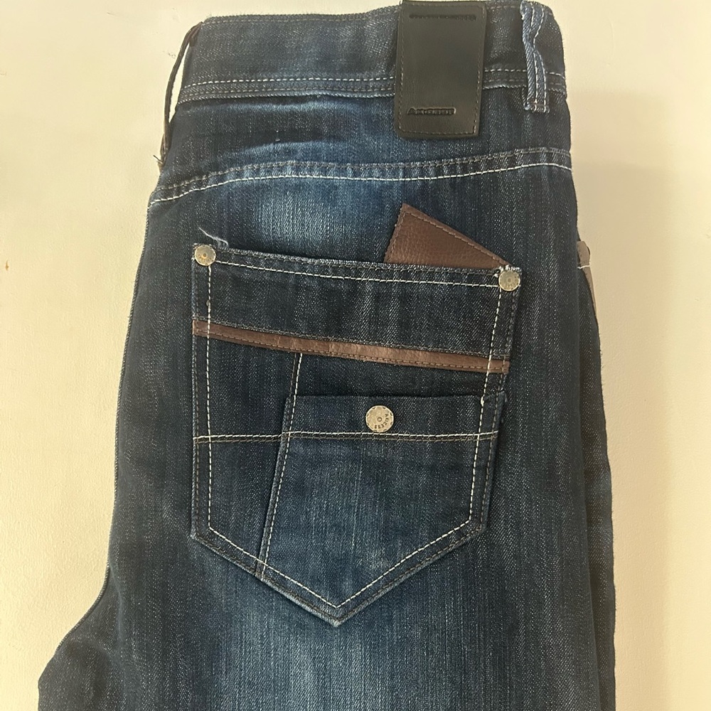 Ak:cess indigo blue denim Jeans Faux Leather Pockets & back cross loop. W40 L34